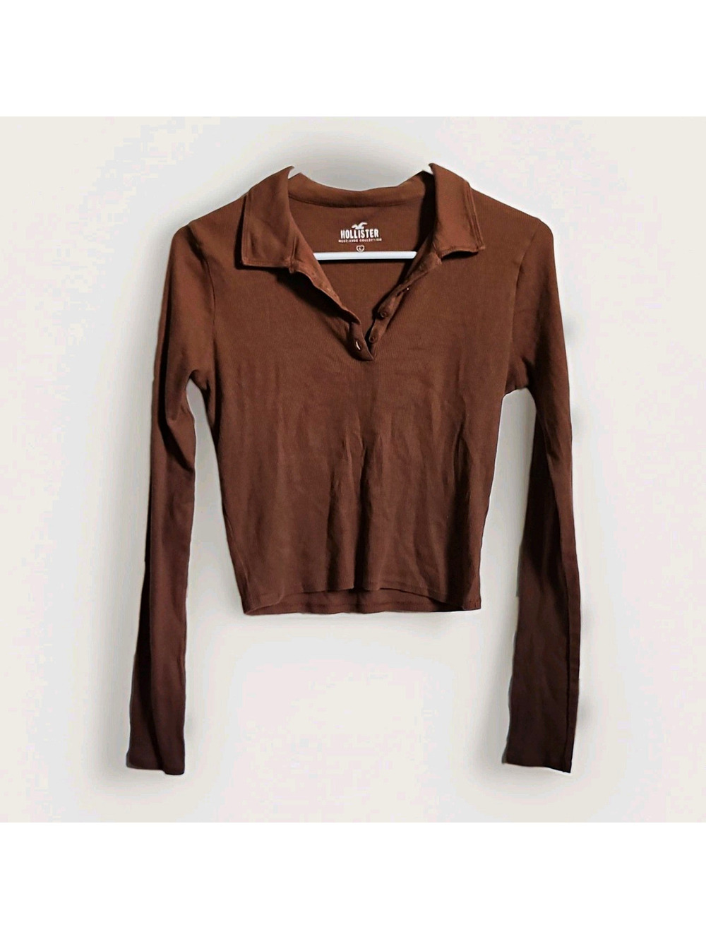 Hollister Brown Ribbed Knit Cropped Collared Long Sleeve Slim Fit Top L